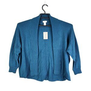 Womens Blue Chicos Open Front Cardigan Sweater Ribbed Trim Cotton Blend Size 1